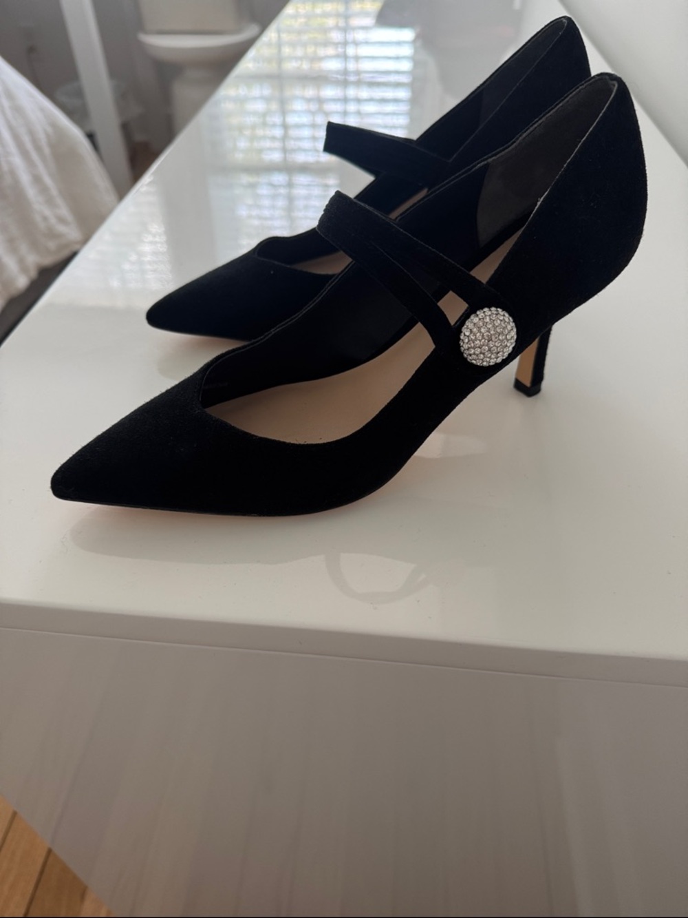 Stuart Weitzman Black Suede Pointed Mary Jane Pumps with Crystal Button
